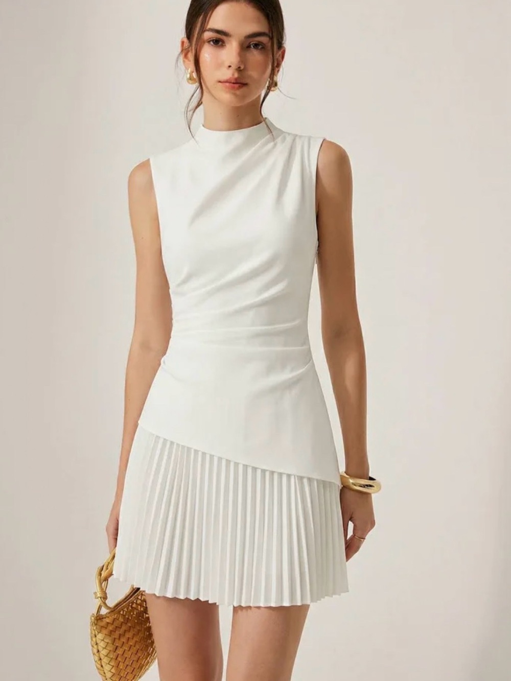 NWT Commense Sleeveless Asymmetrical White Pleated Dress - XS